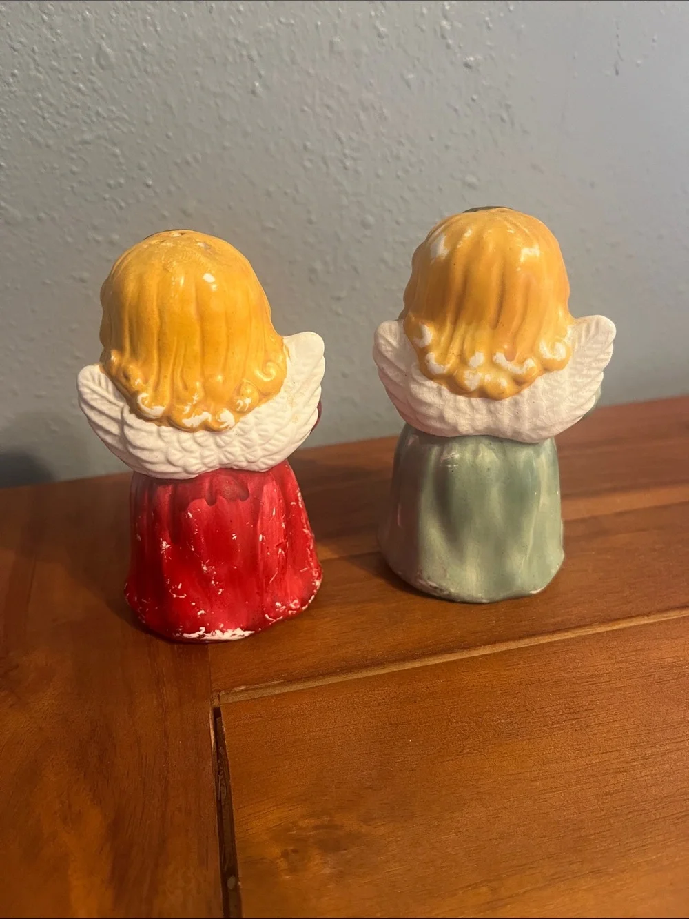 Set of Two Ceramic Angel Salt & Pepper Shakers - Red & Pale Green